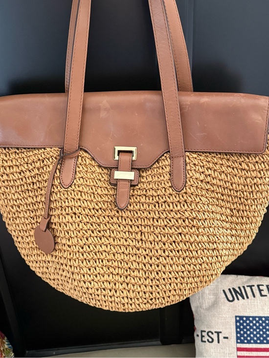 Michael Kors Handbags - Michael Kors Naomi Tan Leather-Trim Straw Tote